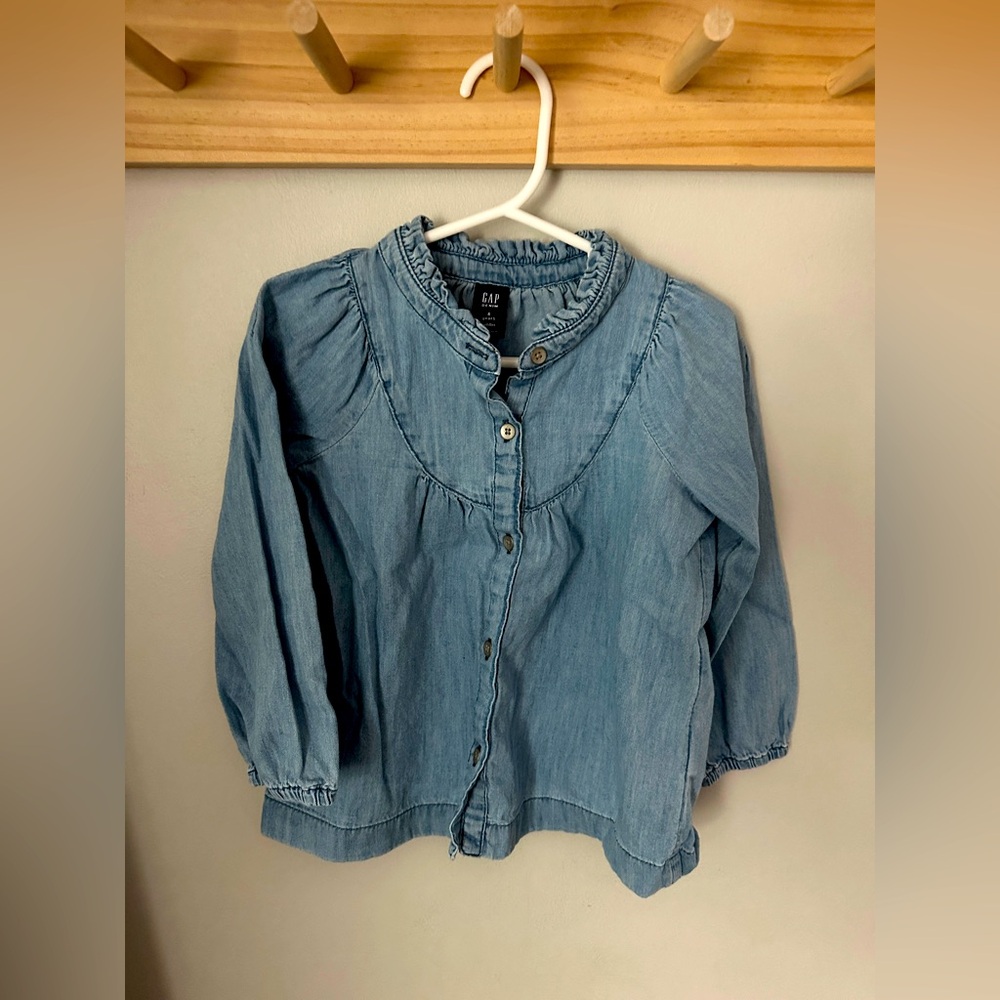 GAP Toddler Denim Ruffle Long Sleeve Button Down Shirt Top